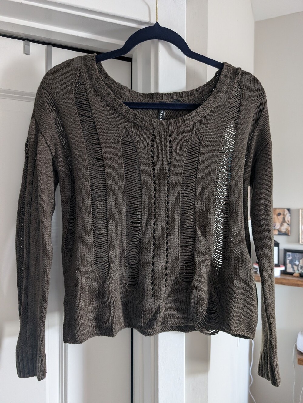 Guess Olive Distressed Open Knit Sweater